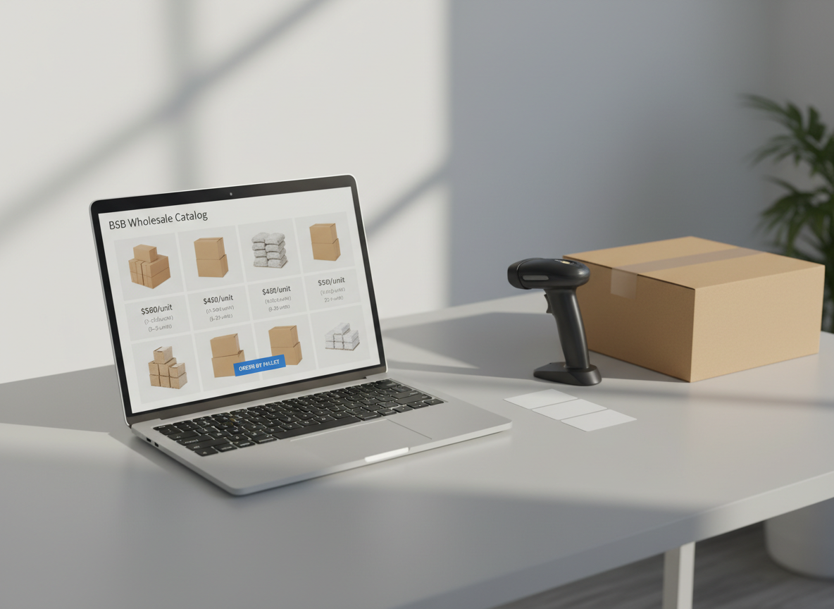 A minimalist workspace with a slim silver laptop open on a smooth light-gray desk, its screen displaying a professional B2B wholesale catalog grid of unbranded products, bulk pricing tiers, and a prominent “order by pallet” button. Next to the laptop sit a closed kraft shipping box, a handheld barcode scanner, and a small stack of neutral shipping labels, all meticulously aligned. Soft daylight from an unseen side window casts a gentle, directional glow across the desk, creating subtle shadows and a refined, corporate mood. Shot from a slightly elevated angle with shallow depth of field, the laptop and nearby tools are sharply in focus while the background fades into a soft blur. The photographic realism and clean composition evoke trust, modern technology, and online mayoreo efficiency.