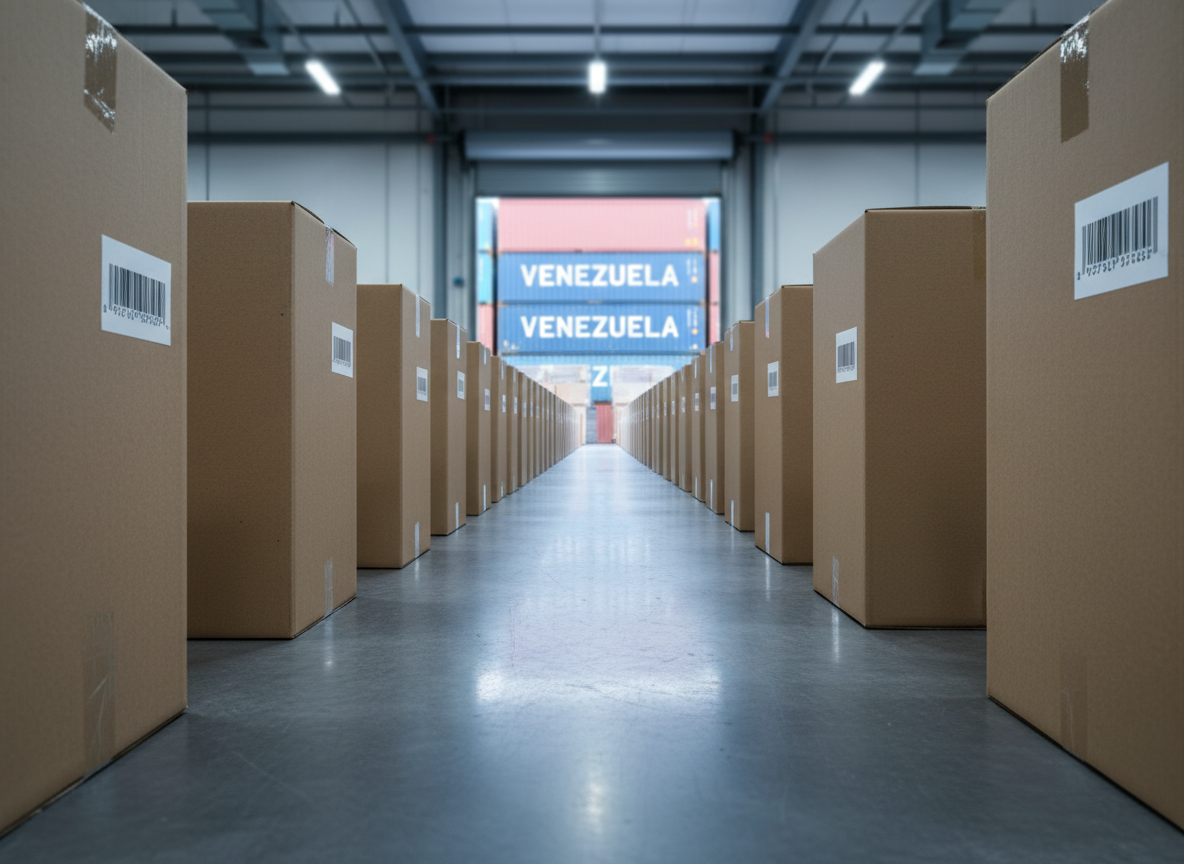 An immaculate row of large, sealed corrugated cardboard boxes on a polished concrete floor, each box labeled with minimalist, blank white stickers and precise barcodes, forming a clear path leading toward an open loading dock. Beyond the dock, the silhouette of stacked shipping containers marked with the word “Venezuela” is visible in the distance, softly out of focus. Cool daylight filters in from the open bay, mixing with overhead warehouse lights to create balanced, neutral illumination and subtle, elongated shadows. Captured from a low-angle, wide-lens perspective, the image emphasizes depth and scale, conveying reliability and bulk distribution. The photographic style is clean and realistic, with a calm, orderly atmosphere suitable for a professional B2B mayoreo brand.